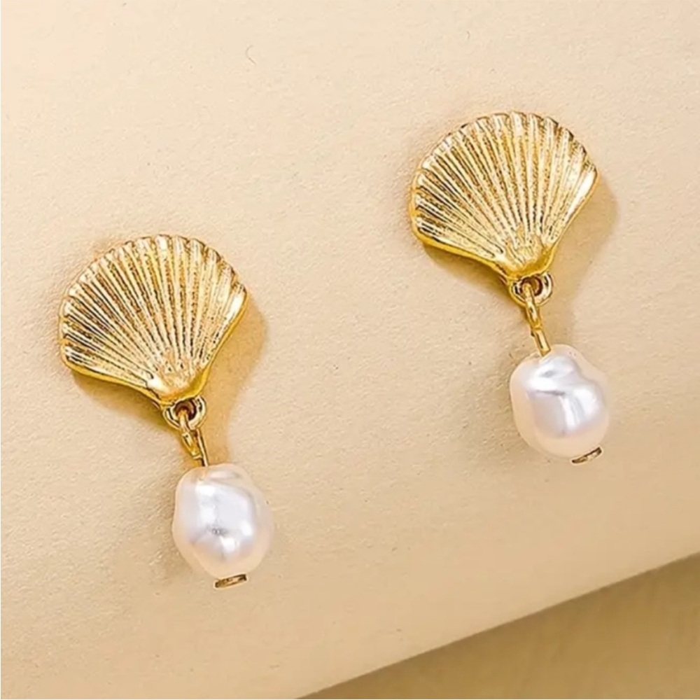 Gold Shell Drop Earrings with White Pearl Accent
